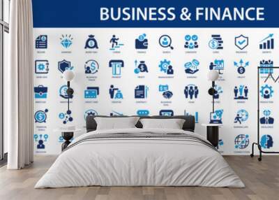 Business and finance flat icons set. Meeting, bank, money, partnership, payments, business team, wallet, profit, company, management, planning icons and more signs. Flat icon collection. Wall mural