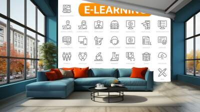 E-learning, online education icons set. 60 Electronic learning icons. Distance learning collection outline icons collection. Wall mural