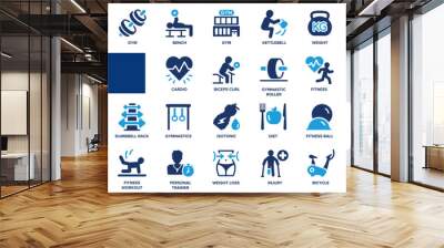 Gym flat icons set. Fitness, training, barbell, kettlebell, muscles, healthy body, cardio training icons and more signs. Flat icon collection. Wall mural