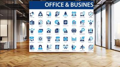 Office and business flat icons set. Workplace, teamwork, desk, partnership, planning, coworking, management icons and more signs. Flat icon collection. Wall mural