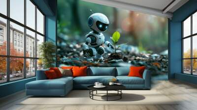 A robot caring for a small plant symbolizes the harmony of technology and nature and sustainable development. Generative AI. Wall mural