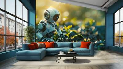 A robot caring for a small plant symbolizes the harmony of technology and nature and sustainable development. Generative AI. Wall mural