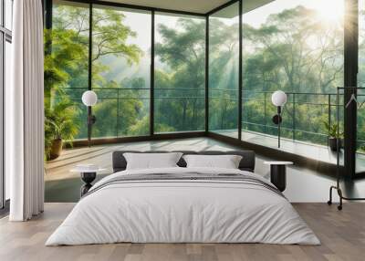 Empty glass room corner with morning sunlight, balcony and trees garden view, cozy and restful room interior concept Wall mural