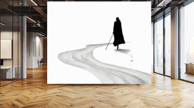 Illustration simple black and doodle of woman walking down the on white background. Wall mural