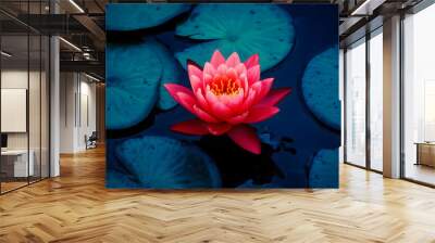 red lotus water lily blooming on water surface and dark blue leaves toned, purity nature background, aquatic plant, symbol of buddhism.
 Wall mural