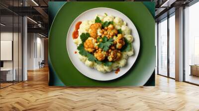 Top view of delicious roasted cauliflower with mashed potatoes and spiced harissa chickpeas served on ceramic plate on green table background
 Wall mural