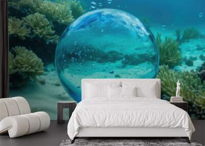 Water bubble blue oxygen air, in underwater clear liquid with bubbles flowing up on the water, on a blue nature background. Wall mural