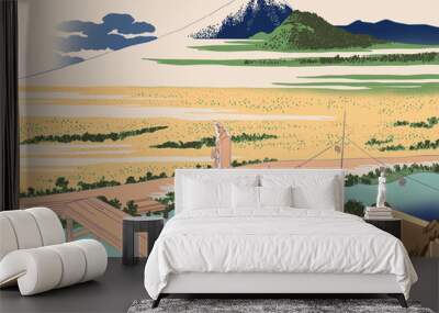 Illustration of colorful Edo period Japanese countryside landscape with Fuji mountain, river and agriculture Wall mural