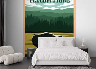 bison on yellowstone national park vintage poster vector illustration, travel poster design Wall mural