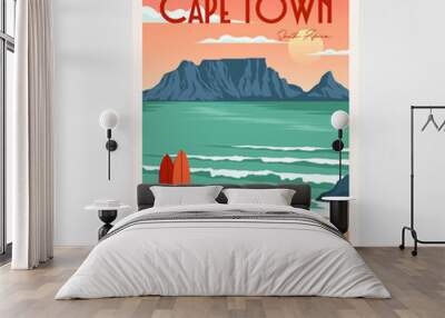 table mountain view in cape town vintage poster illustration design, vintage surf poster design Wall mural