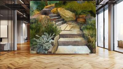 Step green garden with trees, flowers, bushes, stones in the summer Wall mural