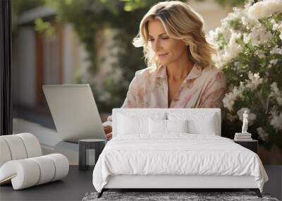  Middle-aged woman using a laptop to work online her garden Wall mural