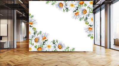 Daisy flowers corner border in Watercolor illustration on transparent background Wall mural