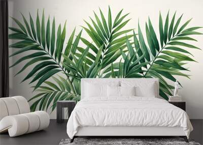 Green Parlor Palm leaves in a watercolor illustration, nature background of tropical foliage Wall mural