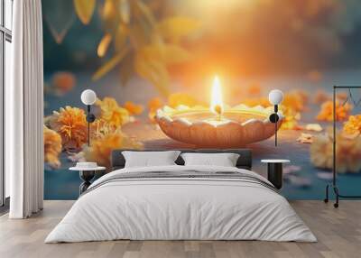 Close-up of diya flames glowing in the night, surrounded by marigold flowers Wall mural