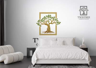 An illustration of two saplings twisted around each other in a helix. Illustration with the tree. Logo Vector illustration. Wall mural