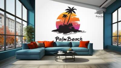 Palm Beach Logo Illustration. Water ocean waves with sun, palm tree and beach, for restaurant and hotel.  Wall mural