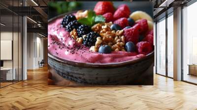 A bowl of fruit with blueberries, raspberries, and walnuts Wall mural