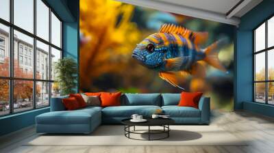 A fish with orange and blue stripes swims in a tank Wall mural