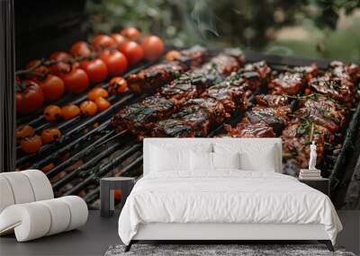 A grill with meat and tomatoes on it Wall mural