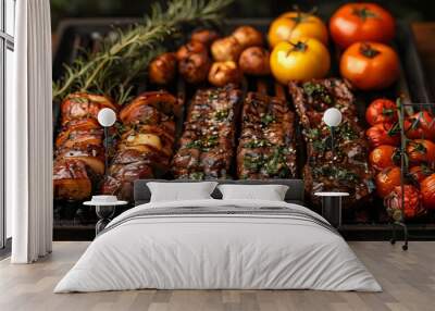 A grill with meat and vegetables on it Wall mural