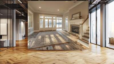 A large, open living room with a fireplace and a staircase Wall mural