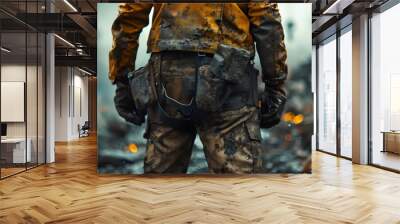 A man in a yellow jacket is standing in a dirty, burnt out area Wall mural