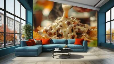 A plate of nachos with a creamy sauce poured over them Wall mural