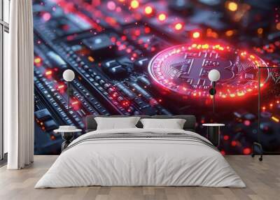 A red coin with the letter B on it is surrounded by a glowing, neon background Wall mural