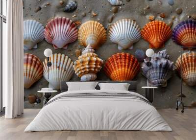 A row of seashells are laid out on the sand Wall mural