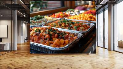 A table full of food with a variety of dishes including carrots, potatoes Wall mural