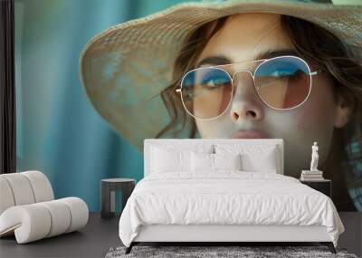 A woman wearing a straw hat and sunglasses Wall mural