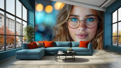 A woman with brown hair and glasses is smiling at the camera Wall mural