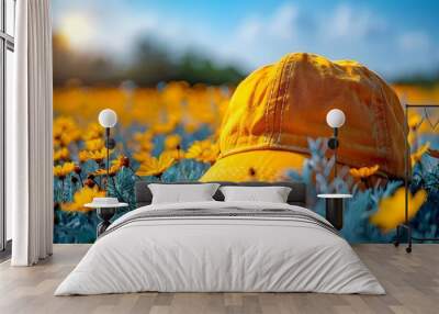 A yellow hat is laying in a field of yellow flowers Wall mural