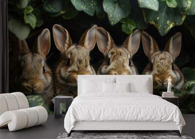 Four rabbits are standing in a bush with their heads together Wall mural