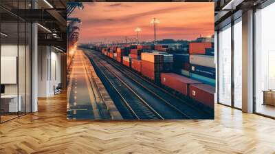 freight train at sunset Wall mural