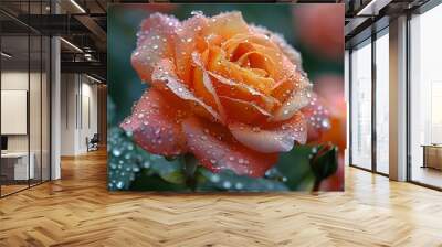 Orange rose with dew drops, a beautiful macro shot of a wet flower in nature Wall mural