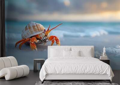 Red hermit crab emerging from seashell on white sandy beach, ocean waves in background Wall mural