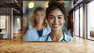 Smiling female surgeon with stethoscope and patient in hospital ward Wall mural