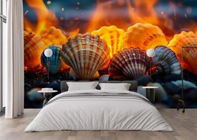 The shells are of various sizes and colors, and the fire adds a dramatic Wall mural