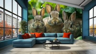 Three baby rabbits are standing in a green field Wall mural