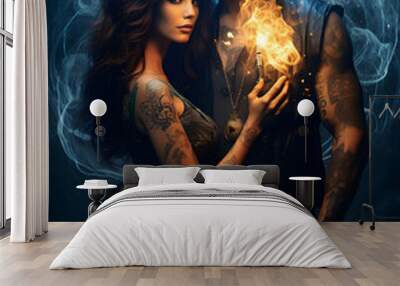 Tattooed couple surrounded by magic Wall mural