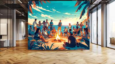 A large group gathers around a campfire on the beach at sunset. Flat vector illustration. Wall mural