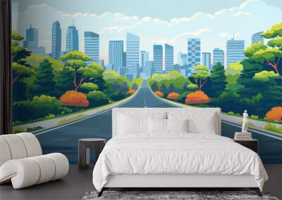 A road leading through a forest towards a city skyline, with skyscrapers in the distance. Flat vector illustration. Wall mural