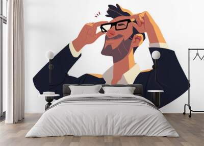 A stylish, smiling businessman confidently adjusts his eyewear, charm and professionalism. Flat vector illustration isolated on white background. Wall mural