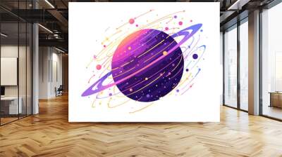 A vibrant abstract illustration of a planet with colorful rings and space elements. Flat vector illustration isolated. Wall mural