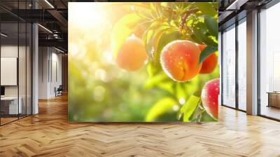 A vibrant peach trees with fruit hanging from branches and morning dew drops sparkling in the sunlight Wall mural