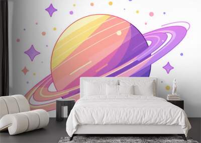 Abstract planet with colorful rings and stars, flat vector illustration isolated on white background. Wall mural