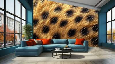 An intricate close-up of a cheetah fur, capturing the unique pattern of black and ebony little spots on the golden fur, with a savannah landscape. Wall mural