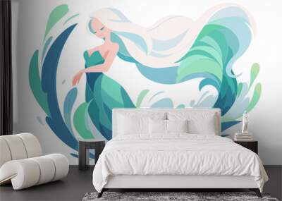 Colorful Mermaid with Flowing Hair. Flat vector illustration isolated on white background. Wall mural